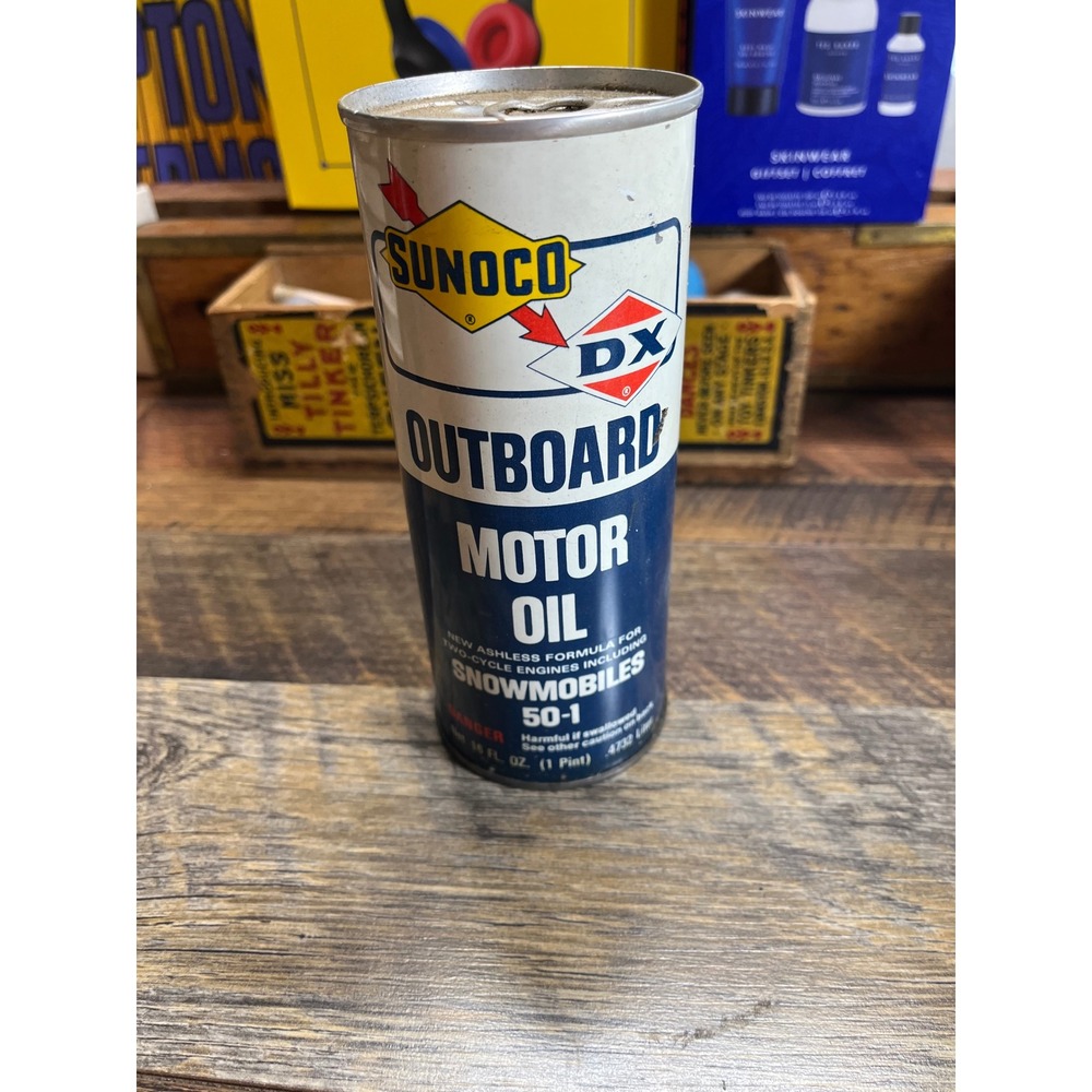 Vintage Sunoco DX Outboard Motor Oil Can 16oz Snowmobile 50-1 Gas Mix Petroliana